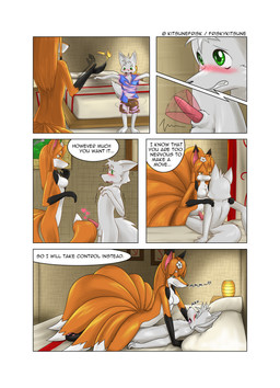 anthro balls bed bedroom blush dialogue duo erection female furniture genitals green_eyes male male/female multi_tail nude penis sex tail text undressing_another young friskykitsune comic english_text hi_res