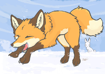 ambiguous_gender blush brown_body brown_fur claws dipstick_tail duo eyes_closed feet feral fur gloves_(marking) leg_markings markings multicolored_body multicolored_fur multicolored_tail open_mouth orange_body orange_fur outside quadruped snow socks_(marking) tail tail_markings teeth toes tongue white_body white_fur winter fusau canid canine fox lagomorph leporid mammal rabbit red_fox true_fox 2025 absurd_res hi_res