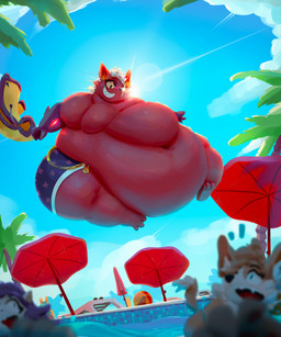 3_toes 4_fingers ambiguous_gender anthro backlighting ball bar_emanata beach_ball beach_chair beach_umbrella belly belly_folds big_belly big_moobs blue_clothing blue_swimwear blurred_character blurred_foreground brown_body brown_fur cheek_tuft clothing cloud countershading day deep_navel detailed_background emanata eye_glint facial_tuft fat_arms featureless_chest feet fingers fur gloves_(marking) green_leaves group hair huge_belly inflatable inner_ear_fluff jacket jumping lens_flare light low-angle_view male male_anthro male_focus markings moobs morbidly_obese morbidly_obese_anthro morbidly_obese_male navel obese obese_anthro obese_male overweight overweight_anthro overweight_male palm_tree parasol plant pool red_belly red_body red_ears red_fur red_inner_ear_fluff red_tuft red_umbrella sharp_teeth solo_focus sun sunlight swimming_trunks swimwear teeth toes topwear tree trio tuft watter white_body white_clouds white_countershading white_fur white_hair yellow_clothing yellow_jacket_(clothing) yellow_sclera yellow_topwear miluinaoxie pyrocynical canid canine fox mammal 2022 5:6 absurd_res digital_media_(artwork) digital_painting_(artwork) full-length_portrait hi_res lighting painting_(artwork) portrait