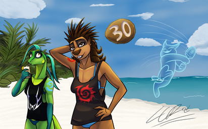 alcohol anthro beach beverage big_breasts bikini breasts clothing cocktail coconut drupe_(fruit) female food fruit group hologram imminent_injury looking_at_another looking_at_viewer medium_breasts non-mammal_breasts oversized_clothing oversized_topwear plant posing_for_picture racket shirt sunny swimwear swinging tank_top topwear two-piece_swimsuit elcee_rod crested_porcupine felid feline green_iguana iberian_lynx iguana iguanid lizard lynx mammal old_world_porcupine porcupine reptile rodent scalie colored hi_res signature
