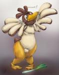 anthro beak bulge clothing costume exclamation_point food gradient_background latex leek male onion plant pokemon_costume simple_background solo text vegetable wings stormdragonblue nintendo pokemon avian bird farfetch'd generation_1_pokemon pokemon_(species) 2018 hi_res