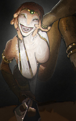 ankleband armband big_breasts breasts cleavage clothed clothing crown female female_humanoid first_person_view happy headgear holding_melee_weapon holding_object holding_sword holding_weapon knife living_hair looking_at_viewer mature_female mature_humanoid melee_weapon open_mouth open_smile pose pseudo_hair pupils scales sharp_teeth slit_pupils smile smiling_at_viewer snake_hair solo sword teeth tiara weapon yellow_eyes brothersmiler humanoid reptile scalie snake absurd_res colored digital_drawing_(artwork) digital_media_(artwork) hi_res shaded