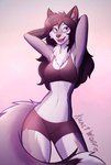 anthro bottomwear breasts clothing countershade_face countershade_legs countershade_neck countershade_thighs countershade_torso countershading female fur gradient_background grey_body grey_fur hands_behind_head inner_ear_fluff midriff navel open_mouth purple_eyes shorts simple_background solo topwear tuft white_body white_fur kunstwaffe hioshiru_(character) canid canine fox mammal 2022 absurd_res hi_res signature