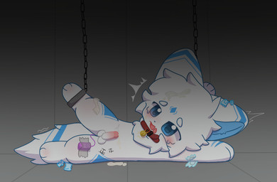 anthro blue_body blue_eyes blue_inner_ear blush bodily_fluids bound chain chained chained_cuffs cjk_tally_marks collar condom condom_wrapper cum cum_on_body cum_on_self filled_condom genital_fluids lying male male_anthro markings on_side sex_toy sexual_barrier_device solo tally_marks tape vibrator white_body young young_anthro young_male hanlianmiao mammal