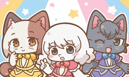abstract_background alternative_fashion anthro black_body black_fur blue_eyes blush blush_stickers bow_tie brown_body brown_fur chibi clothed clothing dress female fur gesture green_eyes group hair hand_gesture j-fashion japanese_idol kemono lolita_(fashion) mottled one_eye_closed open_mouth open_smile orange_eyes piebald smile sweet_lolita trio v_sign whiskers white_body white_fur white_hair wink momotengoku odd_taxi rui_nikaido_(odd_taxi) sakura_wadagaki_(odd_taxi) shiho_ichimura_(odd_taxi) calico_cat canid canine canis domestic_cat domestic_dog felid feline felis mammal poodle 5:3 pastel_theme