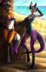 anthro beach bikini clothing detailed_background duo female outside sand seaside sky swimwear tail tight_clothing two-piece_swimsuit water fefairy canid canine mammal scalie digital_media_(artwork) hi_res