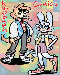 aloha_shirt anthro bottomwear bow_tie cheek_spots cheek_tuft cigarette cigarette_in_mouth clothing converse_shoes duo facial_tuft floppy_ears footwear fur half-closed_eyes jacket letterman_jacket male narrowed_eyes object_in_mouth pattern_clothing pattern_shirt pattern_topwear shirt shoes shorts smile smoking_tobacco sneakers toony topwear tuft vest white_body white_fur yellow_body yellow_fur rawdawgcomics bingus_(rawdawgcomics) stahli_(rawdawgcomics) bird_dog canid canine canis domestic_dog golden_retriever hunting_dog lagomorph leporid mammal rabbit retriever 4:5 hi_res