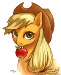 apple clothing female feral food fruit hat headgear headwear looking_at_viewer plant solo katiramoon friendship_is_magic hasbro my_little_pony applejack_(mlp) earth_pony equid equine horse mammal pony 2012 half-length_portrait hi_res portrait