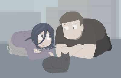 :3 ambiguous_gender black_body black_fur bottomwear closed_smile clothed clothing eye_contact eyes_closed feral fluffy footwear fur group hair hoodie loaf looking_at_another male mouth_closed pants shirt smile socks t-shirt tail toony topwear trio homie_(artist) clinical_trial angel_martinez lee_smith domestic_cat felid feline felis human mammal digital_media_(artwork) hi_res nonbinary_(lore)