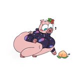 anthro big_breasts big_butt biped breasts butt clothed clothing crouching female food fruit hooves huge_butt overweight overweight_anthro overweight_female peach_(fruit) plant smile solo topwear leoafterhours animal_crossing nintendo gala_(animal_crossing) mammal suid suina sus_(pig) hi_res