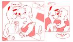 anthro blush bodily_fluids breasts clothed clothing dialogue duo female heart_symbol kissing male male/female sweat text punipuri mickey_mouse_shorts canid canine canis domestic_dog mammal comic english_text french_text hi_res monochrome red_and_white translated