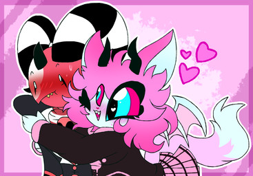 3_eyes anthro back_wings blue_eyes blush bodily_fluids border bottomwear clothing dipstick_tail duo empty_eyes female hair happy heart_catchlight heart_symbol hoodie horn hug male male/female markings membrane_(anatomy) membranous_wings multi_eye nervous one_eye_closed outline pink_background pink_border pink_hair pink_sclera red_body red_skin simple_background skirt striped_horn stripes sweat tail tail_markings topwear white_outline wings cyrilwolff hellaverse helluva_boss blitzo_(helluva_boss) emberlynn_pinkle demon felid felid_demon horned_humanoid humanoid imp mammal 2024 hi_res