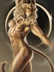 anthro athletic blonde_hair breasts eclipse eyebrows female fur hair horn long_hair muscular muscular_anthro muscular_female navel nipples nude solo standing tan_body tan_fur whiskers yellow_eyes safiru felid lion mammal pantherine 2018 digital_media_(artwork)