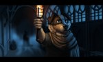 anthro black_bars clothed clothing detailed_background dungeon fantasy fingers fire fur hair holding_object male medieval_clothing night solo standing topwear torch jakeseeker canid canine canis domestic_dog mammal 5:3 digital_media_(artwork) hi_res letterbox