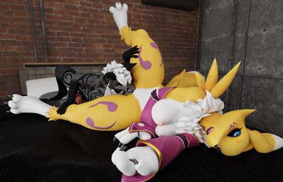 animal_genitalia animal_penis anthro black_body black_fur bodily_fluids breasts clothed clothing cunnilingus duo erection female fur genital_fluids genitals hair male male/female nipples nude oral penis sex size_difference tongue tongue_out vaginal vulva white_body white_fur yellow_body yellow_fur aydultcontent warfaremachine_(modeler) bandai_namco digimon aydan_(aydanfox) canid canine digimon_(species) fox mammal renamon 3d_(artwork) digital_media_(artwork) hi_res