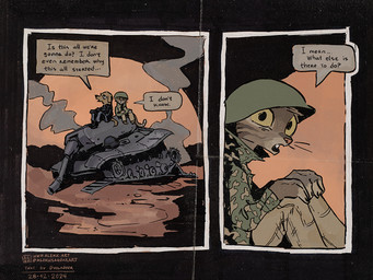 anthro armor armored_vehicle barefoot biped brown_body brown_fur cannon clothed clothed_anthro clothing date destroyed_tank destroyed_vehicle dialogue duo fangs feet fully_clothed fully_clothed_anthro fur grey_body grey_fur headgear helmet machine male military_uniform outside plantigrade ranged_weapon sitting tail tank_(vehicle) teeth text tracked_vehicle turret uniform vehicle weapon whiskers yellow_sclera alekksandar conditional_dnp canid canine canis domestic_dog mackerel_tabby mammal 2024 4:3 comic english_text hi_res url