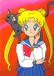 blonde_hair blue_eyes duo ear_piercing ear_ring female hair piercing red_background ring_piercing simple_background smile sailor_moon_(series) luna_(sailor_moon) usagi_tsukino domestic_cat felid feline felis human mammal hi_res official_art