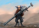 blue_eyes bullet clothing fangs female gun holding_gun holding_object holding_ranged_weapon holding_weapon horn looking_up poncho ranged_weapon rifle solo teeth weapon meandraco teraurge subni_(teraurge) alien humanoid hi_res