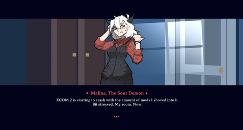 breasts dialogue female hair horn inside not_furry red_eyes short_hair solo standing text white_hair shuuko helltaker malina_(helltaker) demon horned_humanoid humanoid absurd_res english_text hi_res