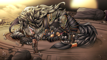 abdominal_bulge anal animal_genitalia animal_penis anthro anthro_dominating_human armor balls big_penis black_armor bodily_fluids breath butt canine_genitalia canine_penis cape clothing dominant extreme_french_kiss french_kissing genitals group hair heavy_balls huge_penis human_on_anthro interspecies kissing knot larger_dom long_hair long_tongue male male/male oral penis rimming ruins saliva sex sharp_teeth size_difference tail teeth tongue ahegarou elden_ring fromsoftware maliketh_(elden_ring) human mammal absurd_res hi_res
