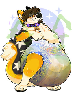 anthro big_diaper blush blush_lines bodily_fluids brown_hair clothed clothing collar diaper diaper_only eyewear facial_hair feces fur genital_fluids glasses goatee hair half-closed_eyes male markings name_tag narrowed_eyes navel nipples orange_body orange_fur rectangular_glasses slightly_chubby slightly_chubby_anthro slightly_chubby_male smile soiled_diaper soiling solo standing star_(marking) stink_fumes stink_lines tail tail_markings topless unclean_diaper urine used_diaper wearing_diaper wet_diaper fructoruu lngu jojo_corgi canid canine canis domestic_dog herding_dog mammal pastoral_dog welsh_corgi 2025