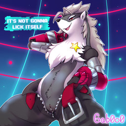 anthro belt bodily_fluids bottomwear clothed clothing cybernetic_limb female genitals looking_at_viewer pants partially_clothed solo text vulva gab0o0 bandai_namco digimon digimon_beatbreak digimon_(species) wolvermon hi_res