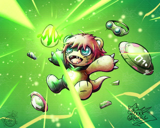 anthro armor blue_eyes brown_body brown_fur eyewear fur goggles hair headgear helmet male pink_hair shield smile solo gekkart bandai_namco digimon digimon_beatbreak digimon_(species) ludomon 5:4