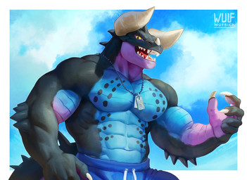 5_fingers abs anthro arm_spikes barazoku biceps black_body black_markings blue_body bottomwear chest_markings clothed clothing cloud cloudy_sky deltoids dog_tags elbow_spikes facial_horn fingers head_horn horn jewelry logo male markings muscular muscular_anthro muscular_arms muscular_male necklace nose_horn open_mouth pecs sky solo spiked_tail spikes spikes_(anatomy) tail thick_horn topless wufrick mythology gui_(direwarewolf) dragon mythological_creature mythological_scalie scalie wingless_dragon artist_logo digital_media_(artwork) half-length_portrait hi_res portrait