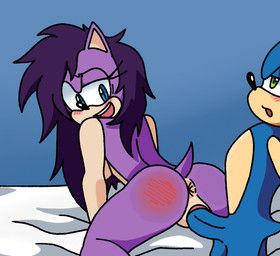 anus bed blue_background blue_body blue_eyes blue_fur blush blush_lines breasts butt duo eyelashes female fur furniture genitals green_eyes half-closed_eyes lying lying_on_bed male narrowed_eyes on_bed penetration penile penile_penetration penis_in_vagina purple_body purple_fur simple_background slap_mark tail vaginal vaginal_penetration vulva bannerniceman sega sonic_the_hedgehog_(series) sonic_underground queen_aleena_hedgehog sonic_the_hedgehog eulipotyphlan hedgehog mammal hi_res incest_(lore)