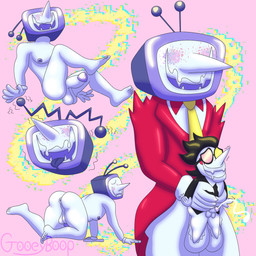 ahegao anus balls big_penis blush bodily_fluids butt claws clothed clothing cum dominant duo electronics eyewear fangs for_a_head genital_fluids genitals glasses glistening glistening_body gloves handwear larger_dom long_nose looking_pleasured machine male male/male necktie nipples not_furry penis screen screen_face shaking size_difference small_penis smile suit suit_jacket sunglasses tall teeth television thick_thighs gooeyboop deltarune undertale_(series) spamton_g._spamton tenna_(deltarune) humanoid object_head robot screen_head tv_head 1:1 absurd_res hi_res