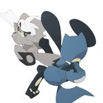 1:1 ambiguous_gender anthro black_body black_fur blue_body blue_fur duo fight fur generation_4_pokemon generation_8_pokemon grey_body grey_fur hi_res kubfu legendary_pokemon nintendo on_model pawpads pokemon pokemon_(species) riolu serious simple_background white_background white_body white_fur youjomodoki