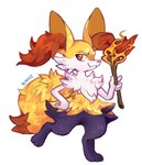 anthro black_body black_fur cheek_tuft chest_tuft facial_tuft fangs feet female fingers fire fur holding_object orange_nose red_body red_fur simple_background smile solo stick teeth toes tuft walking white_background white_body white_fur yellow_body yellow_fur blynxee nintendo pokemon braixen canid canine generation_6_pokemon mammal pokemon_(species) 2018