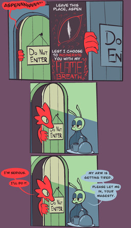 antennae_(anatomy) anthro behind_door bored bottle cloche clothed clothed_female clothing container cup dialogue do_not_enter_sign door duo eye_close-up eyeshadow female food holding_food holding_object makeup mug speech_bubble text threatening tray vanilla_candy mythology unicorn_blood_(comic) aspen_(vanilla_candy) cayenne_(vanilla_candy) arthropod dragon insect mythological_creature mythological_scalie scalie absurd_res comic english_text hi_res restricted_palette