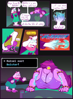anthro big_breasts blush bra bracelet breast_expansion breasts bulge cleavage clothed clothing dialogue discarded_bra discarded_clothing discarded_underwear duo erection expansion eyewear female glasses hair huge_breasts jewelry magic male male/female purple_hair scarf spiked_bracelet spikes text underwear zixzs-redlight deltarune undertale_(series) ralsei susie_(deltarune) bovid caprine goat mammal scalie comic english_text hi_res
