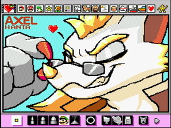 anthro blonde_hair claws clothing eyewear fangs glasses hair heart_symbol horn looking_at_viewer male one_eye_closed screencap simple_background sky_blue_background solo teeth wink winking_at_viewer rodricoro mario_paint mythology nintendo fan_character dragon mythological_creature mythological_scalie scalie digital_media_(artwork) dithering mario_paint_(artwork)