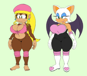 anthro armwear bat_wings big_breasts black_bodysuit black_clothing black_nose black_skinsuit blonde_hair blue_eyeshadow bodysuit boots bottomless breasts brown_body brown_fur cleavage clothed clothing colored_nails duo ear_piercing elbow_gloves eyelashes eyeshadow featureless_crotch female footwear front_view fur gloves green_background green_eyes hair handwear huge_breasts knee_boots knee_highs legwear makeup membrane_(anatomy) membranous_wings nails navel navel_outline piercing pink_beret pink_clothing pink_nails pink_topwear ponytail purple_wings shoes simple_background skinsuit slightly_chubby slightly_chubby_anthro slightly_chubby_female tan_body tan_fur thick_thighs tight_clothing topwear white_body white_boots white_clothing white_footwear white_fur white_gloves white_handwear wide_hips wings chunkyoreo donkey_kong_(series) nintendo sega sonic_the_hedgehog_(series) dixie_kong rouge_the_bat ape bat chimpanzee haplorhine mammal pan_(genus) primate hi_res