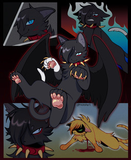 anatomically_inaccurate anatomically_inaccurate_pawpads angry bangs black_body black_fur black_wings blood blood_drip blood_on_face blood_on_ground blue_eyes bodily_fluids cheek_tuft chest_tuft claws clenched_teeth collar dripping duo ears_down facial_tuft feathered_wings feathers feral fire floating fur fuzzy green_eyes looking_at_another looking_at_viewer looking_back looking_down male narrowed_eyes on_ground orange_body orange_fur outline pawpads pivoted_ears pupils shadow_face slit_pupils smile solo_focus spiked_collar spikes tail teeth tuft wings wounded plushyhart warriors_(book_series) firestar_(warriors) scourge_(warriors) domestic_cat felid feline felis mammal hi_res multiple_images multiple_scenes signature