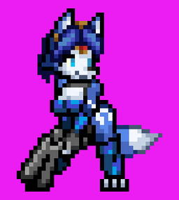 anthro blue_body blue_hair bouncing_breasts breasts cleavage clothed clothed_anthro clothed_female clothing female gun hair handgun multicolored_body pistol ranged_weapon solo tail two_tone_body weapon white_body dylan_ac nintendo star_fox krystal_(star_fox) canid canine fox mammal animated digital_media_(artwork) low_res pixel_(artwork) pixel_animation