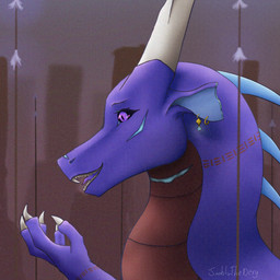 black_sclera ear_piercing ear_ring female feral happy horn paws piercing purple_eyes ring_piercing ruins scar solo spines teeth tongue janbluthederg mythology janblu dragon mythological_creature mythological_scalie scalie 1:1 hi_res