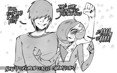 5_fingers blush blush_lines clothing duo eyebrows female fingers hair male not_furry shirt smile text topwear saltyxodium nintendo pokemon gardevoir generation_3_pokemon human mammal pokemon_(species) 2026 absurd_res english_text hi_res monochrome