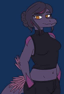 amber_eyes anthro black_bottomwear black_clothing black_pants bottomwear clothing elbow_feathers eyelashes feathered_tail feathers female hair hair_bun halter_top hand_in_pocket long_tail looking_at_viewer midriff navel pants pockets purple_body purple_feathers purple_hair purple_scales scales simple_background smile snout solo tail transparent_background jacket_ignites third-party_edit goodbye_volcano_high ko_op_(game_developer) abby_(gvh) dinosaur dromaeosaurid feathered_dinosaur feathered_scalie prehistoric_species reptile saurischian scalie theropod utahraptor 2025 alpha_channel color_edit colored digital_drawing_(artwork) digital_media_(artwork) hi_res