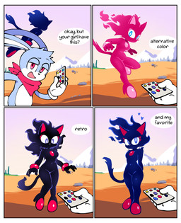 alternate_color anthro blue_body blue_eyes blue_fur changing_color clothing controller core detailed_background dialogue duo female fire floating_hearts fur gloves handkerchief handwear heart_symbol kerchief male mouthless red_body red_eyes red_handkerchief red_inner_ear red_kerchief remote_control speech_bubble text quavernsfw sega sonic_the_hedgehog_(series) cinder_the_fire_entity fan_character proto_blaze rush_the_rabbit domestic_cat entity felid feline felis lagomorph leporid mammal rabbit comic english_text hi_res