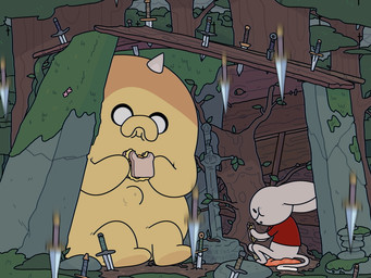 ambiguous_gender clothed clothing dagger duo eating eating_food flower food horn knife melee_weapon moss navel outie_navel plant rock sandwich_(food) shirt sitting t-shirt tail toony topwear tree weapon discount-supervillain adventure_time cartoon_network beth_(adventure_time) shermy_(adventure_time) canid canine canis domestic_cat domestic_dog felid feline felis mammal pup_(adventure_time) rainicorn 4:3 animated digital_media_(artwork)