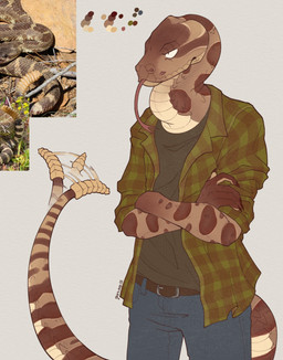 anthro belt black_claws black_clothing black_shirt black_topwear blue_bottomwear blue_clothing blue_jeans blue_pants bottomwear brown_body brown_scales claws clothing color_swatch crossed_arms denim denim_bottomwear denim_clothing flannel_shirt forked_tongue green_clothing green_plaid green_shirt green_topwear grey_background humanoid_hands jeans male pants pattern_clothing pattern_shirt pattern_topwear plaid plaid_clothing plaid_shirt plaid_topwear rattle_(anatomy) rolled_up_sleeves scales shirt simple_background snout solo standing tail tail_motion tailwag tan_body tan_scales tongue tongue_out topwear gunwasp pit_viper rattlesnake reptile scalie snake viper western_rattlesnake 2025 clip_studio_paint_(artwork) digital_drawing_(artwork) digital_media_(artwork) flat_colors half-length_portrait hi_res portrait reference_image