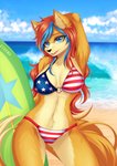 american_flag american_flag_bikini anthro arm_above_head arm_tuft beach belly big_breasts bikini bikini_bottom bikini_top black_nose blue_eyes blue_hair breasts camel_toe cheek_tuft clothed clothing cloud detailed_background elbow_tuft facial_tuft female flag flag_bikini flag_clothing flag_print flag_swimwear fluffy fluffy_tail front_view fur hair hand_behind_head holding_object inner_ear_fluff long_hair long_tail multicolored_body multicolored_fur multicolored_hair navel orange_body orange_fur outside print_bikini print_clothing print_swimwear red_clothing red_hair red_swimwear sand sea seaside sky solo standing star surfboard swimwear tail teeth tuft two-piece_swimsuit two_tone_body two_tone_fur two_tone_hair united_states_of_america vehicle water watercraft white_clothing white_swimwear gyuumu grace_kaiser canid canine fox mammal 2019 hi_res