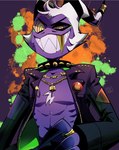 clothing gold_(metal) gold_tooth halloween_colors horn jacket looking_at_viewer male ring sharp_teeth smile solo teeth topwear dvdf_1005 helluva_boss striker_(helluva_boss) demon humanoid imp digital_media_(artwork) hi_res tagme