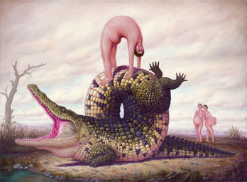 abstract_art body_horror cloud day feet female female/female feral fingers group male male/male nude open_mouth outside plant sharp_teeth surrealism tail teeth toes tree unusual_anatomy water what bruno_pontiroli crocodile crocodilian human mammal reptile scalie