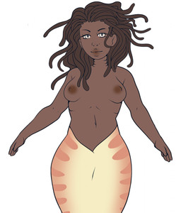breasts dreadlocks female looking_at_viewer monster_girl_(genre) nipples nude solo split_form wide_hips hexdust animal_humanoid aquatic humanoid merfolk hi_res