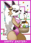 2020 anthro basket bow_(feature) bow_in_front bow_tie bunny_costume canid canine clothing container costume darknsfwindie dominic_armois easter egg fan_character female flat_chested generation_7_pokemon hi_res holidays looking_at_viewer lycanroc mammal midnight_lycanroc nintendo pokemon pokemon_(species) pokemon_mystery_dungeon simple_background solo spike_chunsoft thick_thighs tongue tongue_out wanderlust wide_hips
