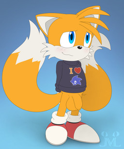 anthro balls big_balls big_penis blue_eyes blush bottomless clothed clothing flaccid footwear foreskin fur genitals humanoid_genitalia humanoid_penis male multi_tail orange_body orange_fur penis shoes small_but_hung solo sweater tail topwear unretracted_foreskin white_body white_fur young young_anthro young_but_hung jm-luxro sega sonic_the_hedgehog_(series) miles_prower canid canine fox mammal 5:6 absurd_res hi_res